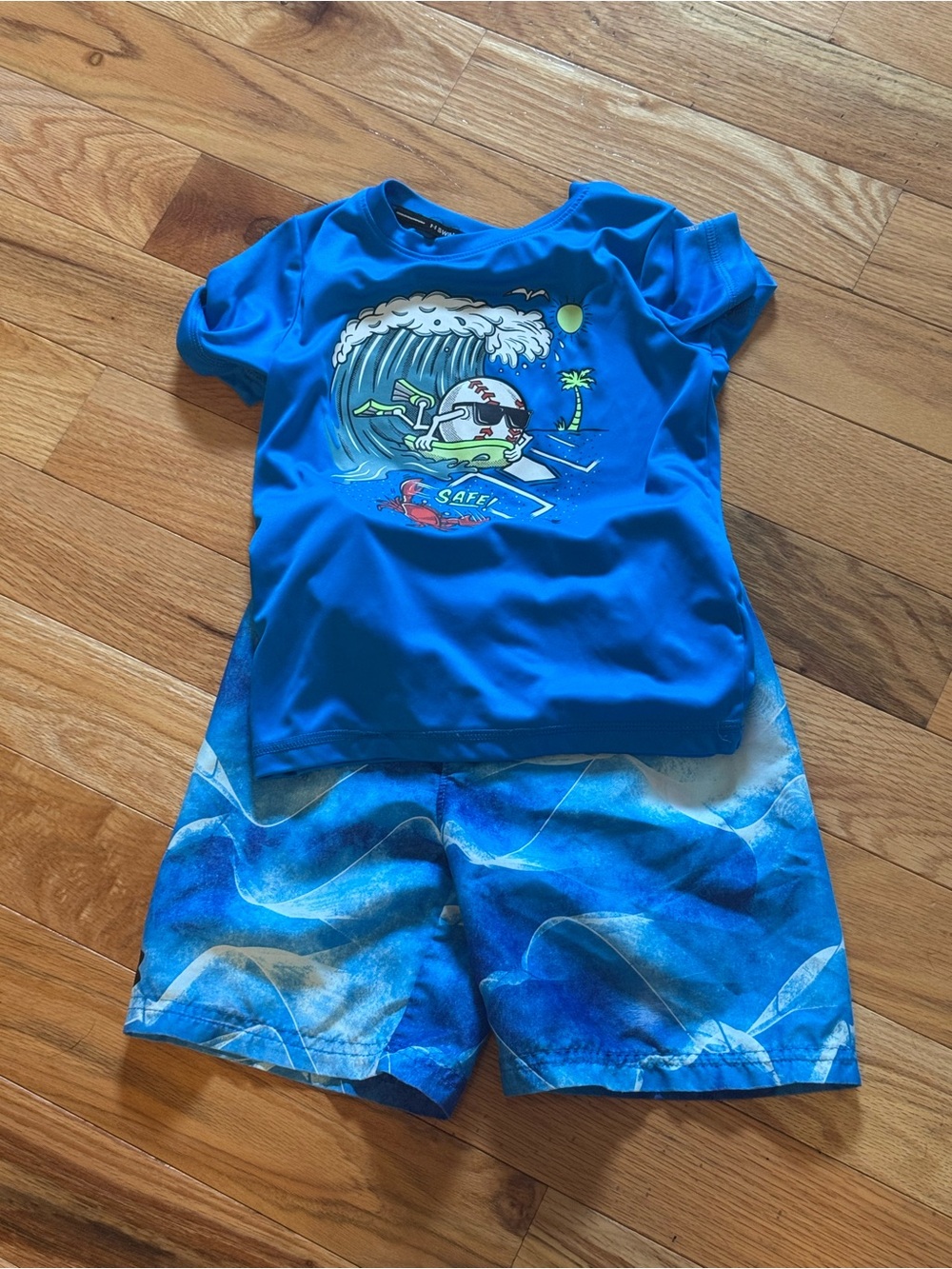 Under Armour Blue Boys Surf Rashguard and Wave-Print Swim Shorts